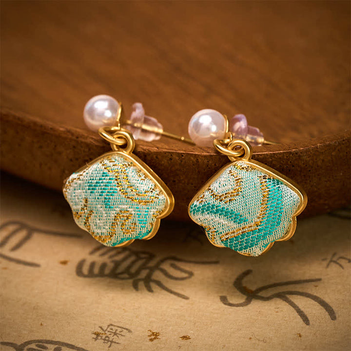 Buddha Stones Pearl Song Brocade Leaf Shaped Balance Chinese Earrings - image 1