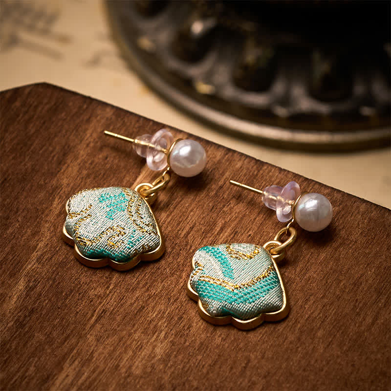 Buddha Stones Pearl Song Brocade Leaf Shaped Balance Chinese Earrings - image 3