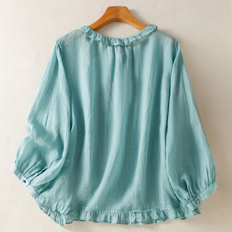 Buddha Stones Summer Casual Vintage Button-up Ruffled Crew Neck Solid Women's Long Sleeve Shirts - image 1