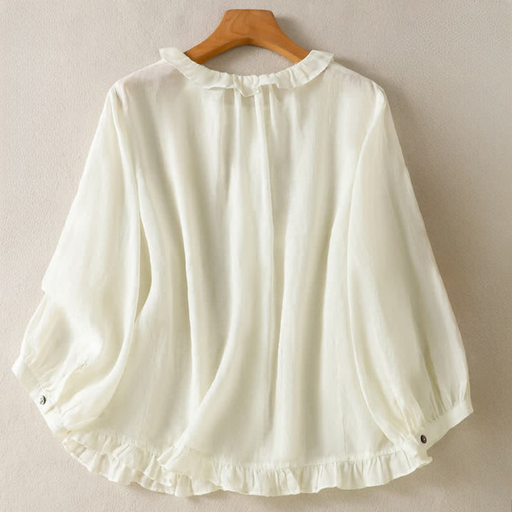 Buddha Stones Summer Casual Vintage Button-up Ruffled Crew Neck Solid Women's Long Sleeve Shirts - image 17