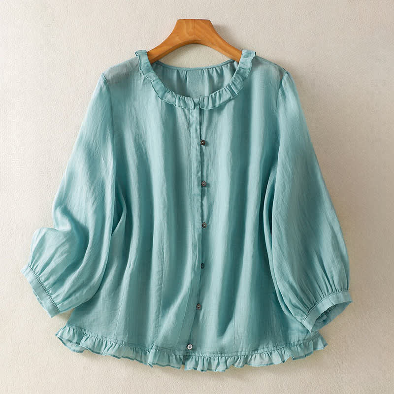 Buddha Stones Summer Casual Vintage Button-up Ruffled Crew Neck Solid Women's Long Sleeve Shirts - PowderBlue - US12, UK/AU16, EU44 (2XL) - image 0