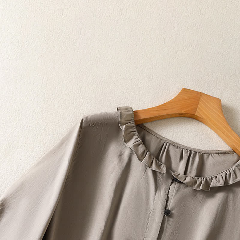 Buddha Stones Summer Casual Vintage Button-up Ruffled Crew Neck Solid Women's Long Sleeve Shirts - image 12
