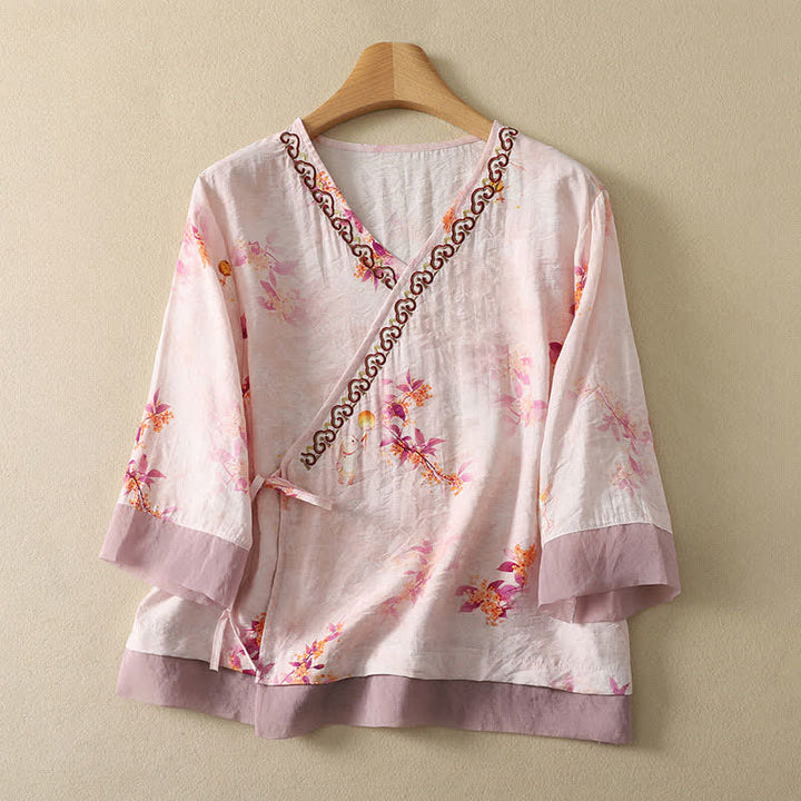 Buddha Stones Summer Vintage Tang Style Embroidery Floral V-Neck Women's Three-Quarter Sleeve T-Shirt - LavenderBlush - US8-10, UK/AU12-14, EU40-42 (2XL) - image 0