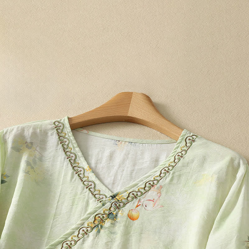 Buddha Stones Summer Vintage Tang Style Embroidery Floral V-Neck Women's Three-Quarter Sleeve T-Shirt - image 11