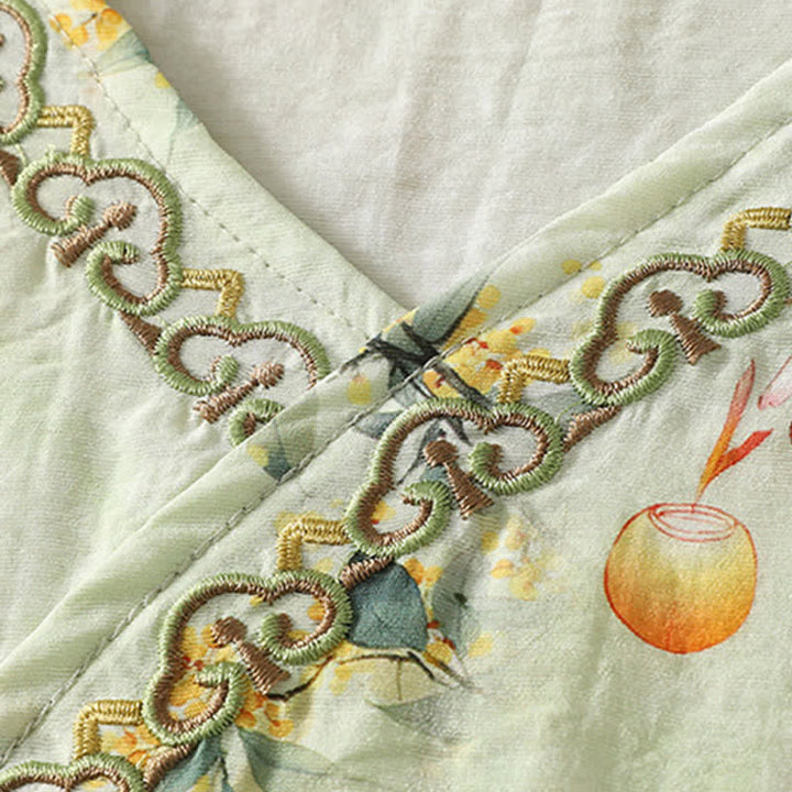 Buddha Stones Summer Vintage Tang Style Embroidery Floral V-Neck Women's Three-Quarter Sleeve T-Shirt - image 13