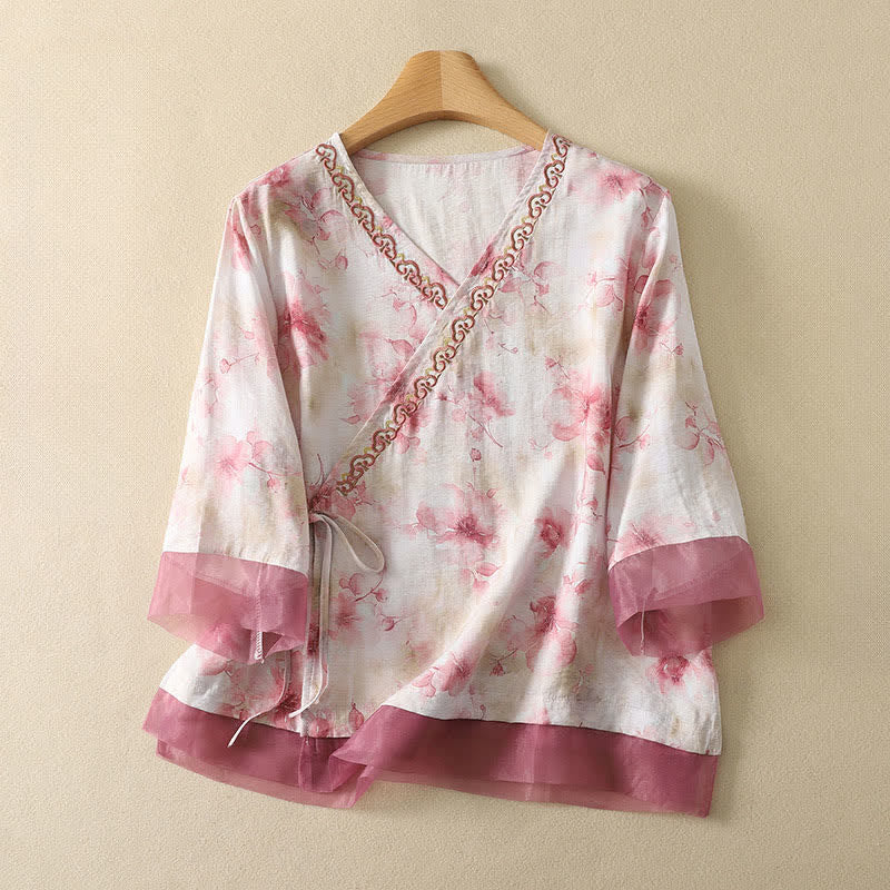 Buddha Stones Summer Vintage Tang Style Embroidery Floral V-Neck Women's Three-Quarter Sleeve T-Shirt - MistyRose - US8-10, UK/AU12-14, EU40-42 (2XL) - image 17