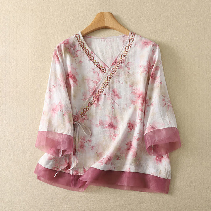 Buddha Stones Summer Vintage Tang Style Embroidery Floral V-Neck Women's Three-Quarter Sleeve T-Shirt - MistyRose - US8-10, UK/AU12-14, EU40-42 (2XL) - image 17