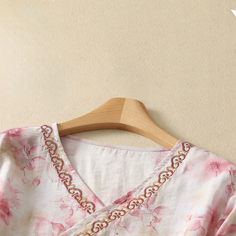 Buddha Stones Summer Vintage Tang Style Embroidery Floral V-Neck Women's Three-Quarter Sleeve T-Shirt - image 19