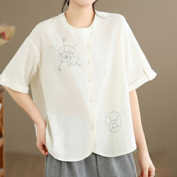 Buddha Stones Summer Casual Minimalist Embroidery Snails Button-Up Geometric Women's Short Sleeve Shirts - image 18