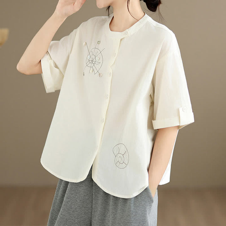 Buddha Stones Summer Casual Minimalist Embroidery Snails Button-Up Geometric Women's Short Sleeve Shirts - image 20