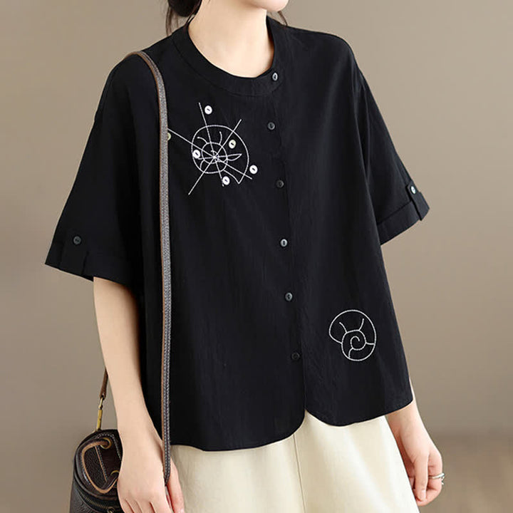 Buddha Stones Summer Casual Minimalist Embroidery Snails Button-Up Geometric Women's Short Sleeve Shirts - image 14
