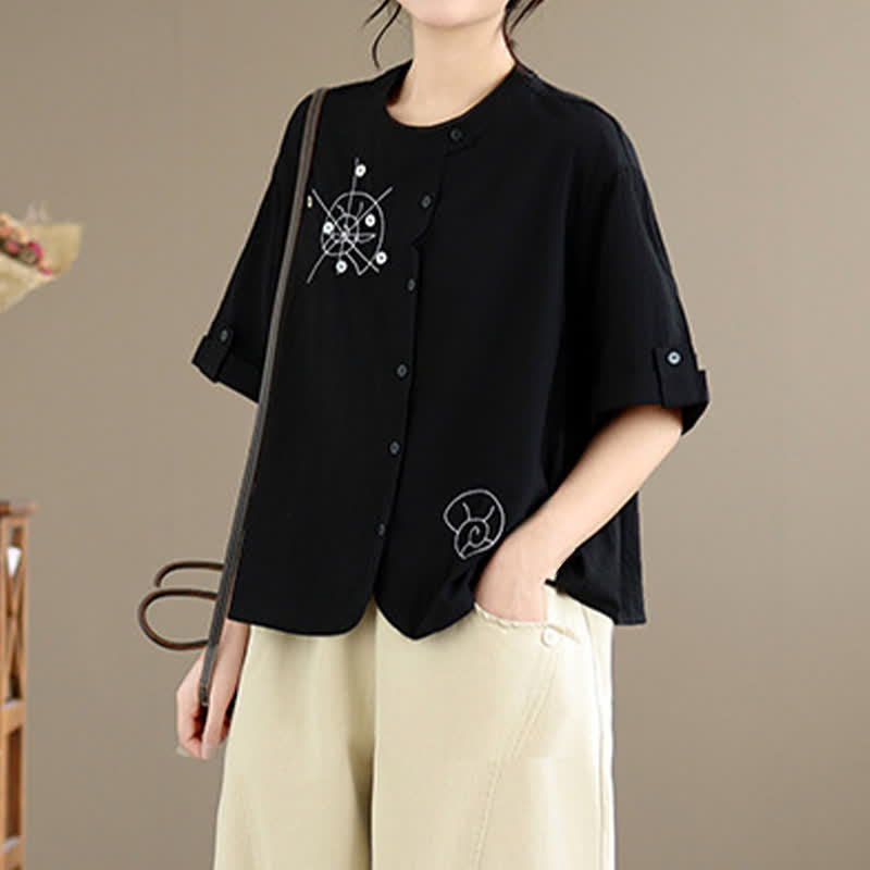 Buddha Stones Summer Casual Minimalist Embroidery Snails Button-Up Geometric Women's Short Sleeve Shirts - image 15