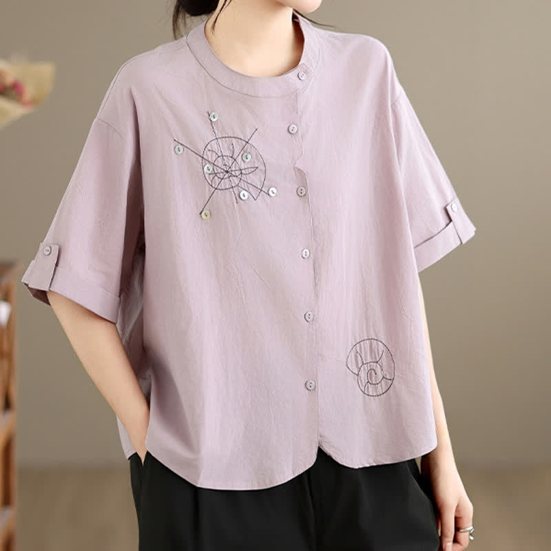 Buddha Stones Summer Casual Minimalist Embroidery Snails Button-Up Geometric Women's Short Sleeve Shirts - image 1