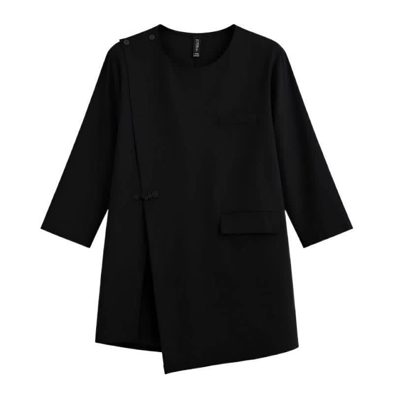 Buddha Stones Summer Tang Style Side Slit Pankou Solid Crew Neck Women's Long Sleeve T-Shirt With Pocket - image 17