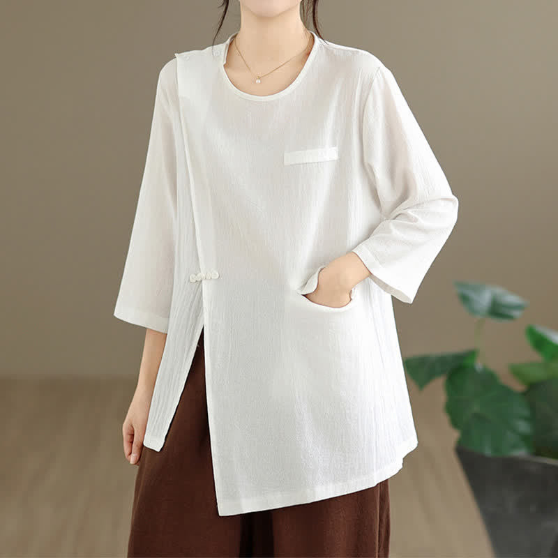 Buddha Stones Summer Tang Style Side Slit Pankou Solid Crew Neck Women's Long Sleeve T-Shirt With Pocket - image 5