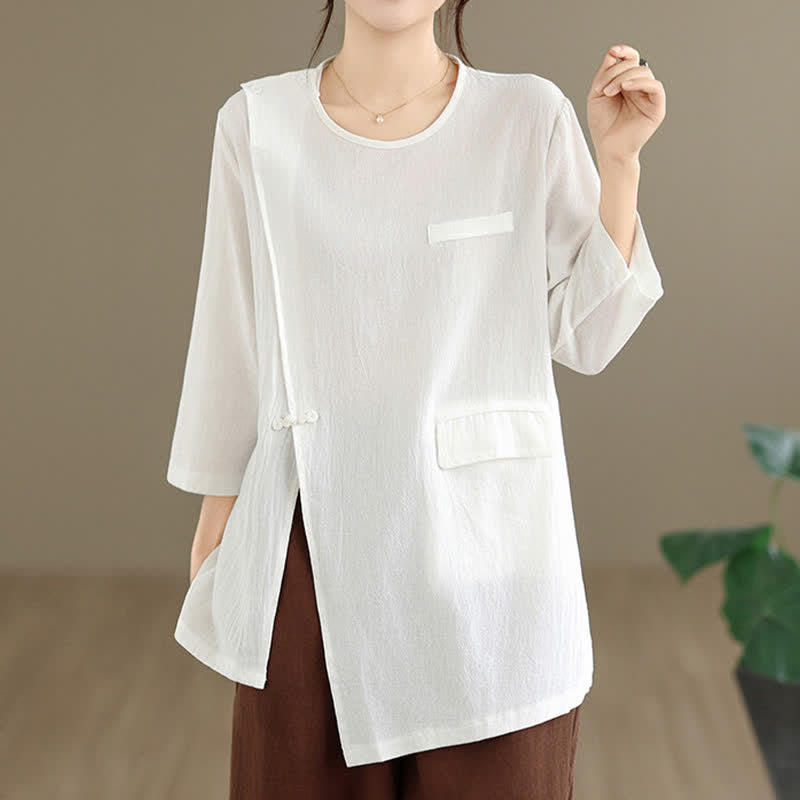 Buddha Stones Summer Tang Style Side Slit Pankou Solid Crew Neck Women's Long Sleeve T-Shirt With Pocket - White - US12, UK/AU16, EU44 (3XL) - image 0