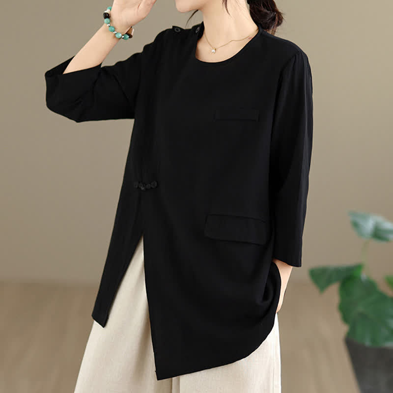 Buddha Stones Summer Tang Style Side Slit Pankou Solid Crew Neck Women's Long Sleeve T-Shirt With Pocket - image 12