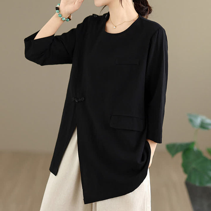 Buddha Stones Summer Tang Style Side Slit Pankou Solid Crew Neck Women's Long Sleeve T-Shirt With Pocket - image 12