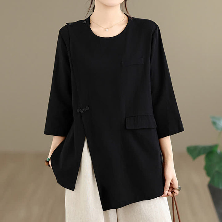 Buddha Stones Summer Tang Style Side Slit Pankou Solid Crew Neck Women's Long Sleeve T-Shirt With Pocket - image 13