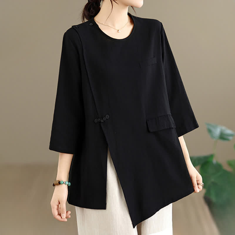 Buddha Stones Summer Tang Style Side Slit Pankou Solid Crew Neck Women's Long Sleeve T-Shirt With Pocket - Black - US12, UK/AU16, EU44 (3XL) - image 11