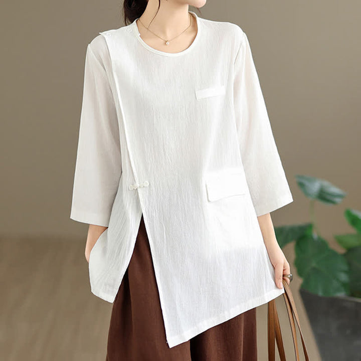 Buddha Stones Summer Tang Style Side Slit Pankou Solid Crew Neck Women's Long Sleeve T-Shirt With Pocket - image 1