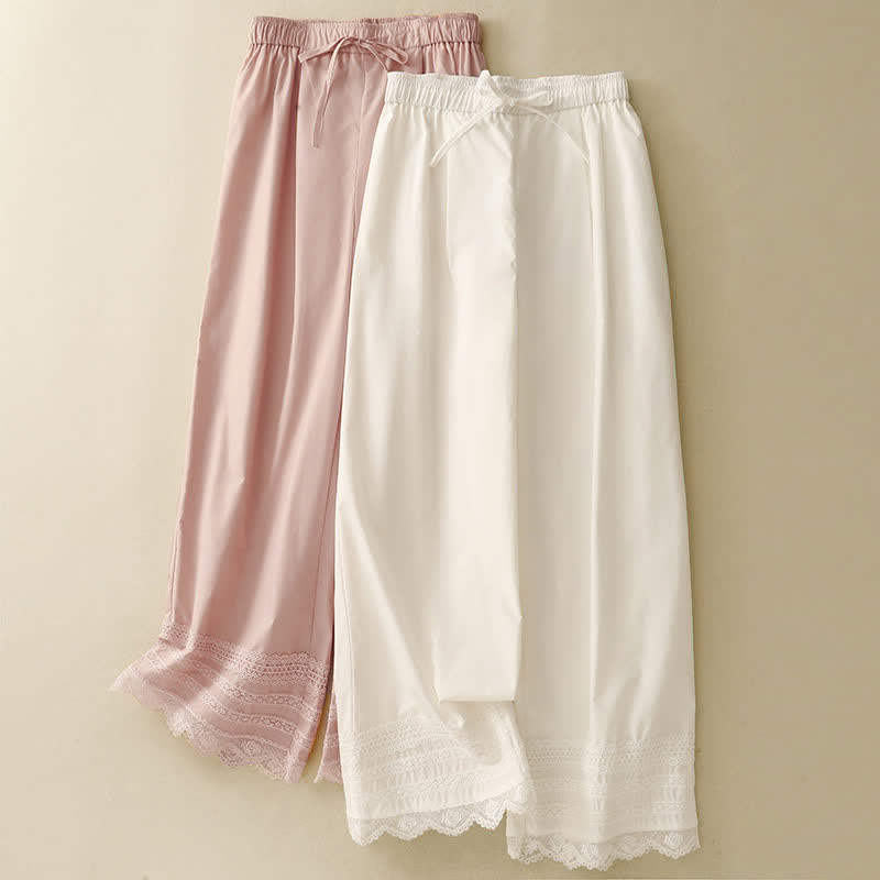 Buddha Stones Summer Elegant Casual Drawstring Solid Lace-trimmed Hem Ankle Pants Women's Wide Leg Pants - image 15