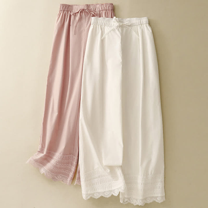 Buddha Stones Summer Elegant Casual Drawstring Solid Lace-trimmed Hem Ankle Pants Women's Wide Leg Pants - image 15