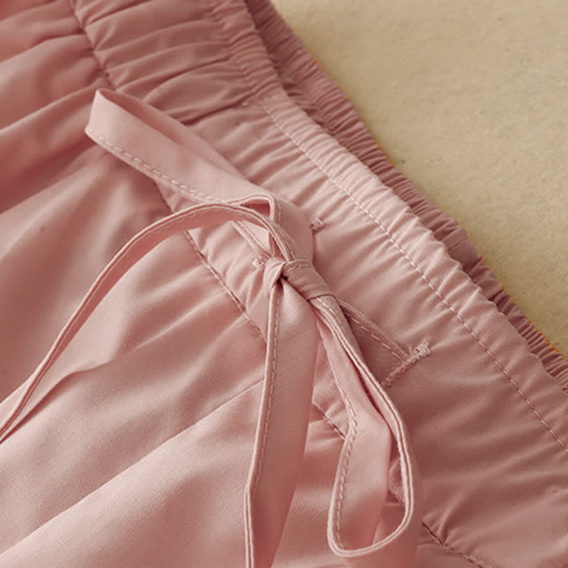 Buddha Stones Summer Elegant Casual Drawstring Solid Lace-trimmed Hem Ankle Pants Women's Wide Leg Pants - image 3