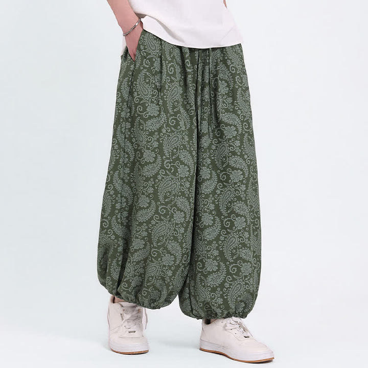 Buddha Stones Summer Boho Casual Drawstring Paisley Capri Pants Men's Harem Pants With Pocket - OliveDrab - US/UK/AU46, EU56 (5XL) - image 0
