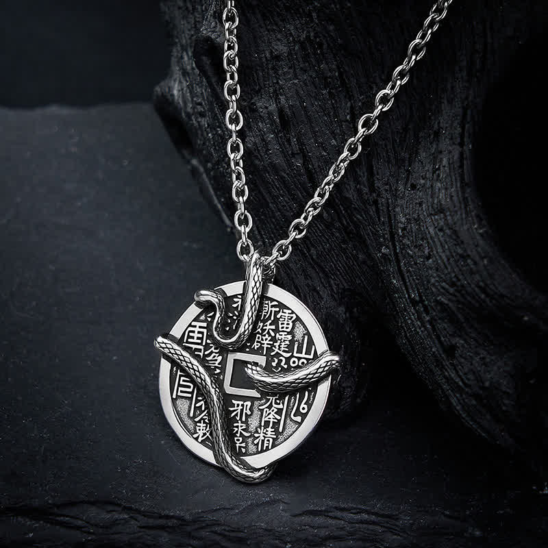 Buddha Stones Copper Plated With Silver Mountain Ghosts Spend Money Snake Coiled Around Copper Coin Necklace - image 4