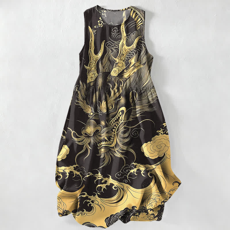 Buddha Stones Summer Casual Oriental Dragon Cloud Pattern Women's Summer Sleeveless Midi Dress With Pockets - Black - US16，UK/AU20，EU48 (3XL) - image 0