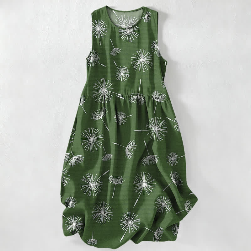 Buddha Stones Summer Casual Dandelion Bloom Pattern Women's Summer Sleeveless Midi Dress With Pockets - OliveDrab - US16，UK/AU20，EU48 (3XL) - image 5