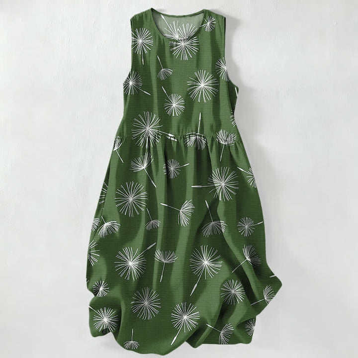 Buddha Stones Summer Casual Dandelion Bloom Pattern Women's Summer Sleeveless Midi Dress With Pockets - OliveDrab - US16，UK/AU20，EU48 (3XL) - image 5