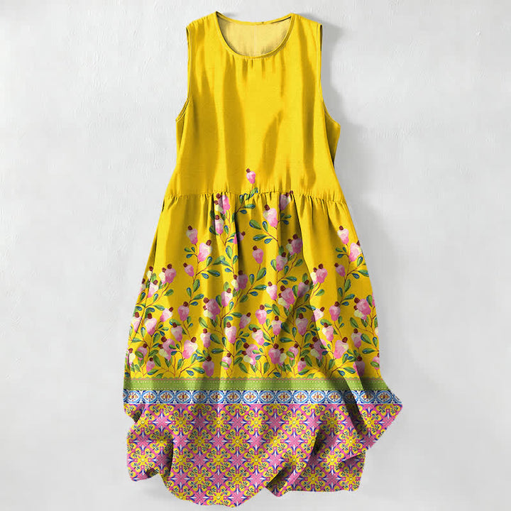 Buddha Stones Summer Casual Floral Border Pattern Women's Summer Sleeveless Midi Dress With Pockets - Yellow - US16，UK/AU20，EU48 (3XL) - image 0