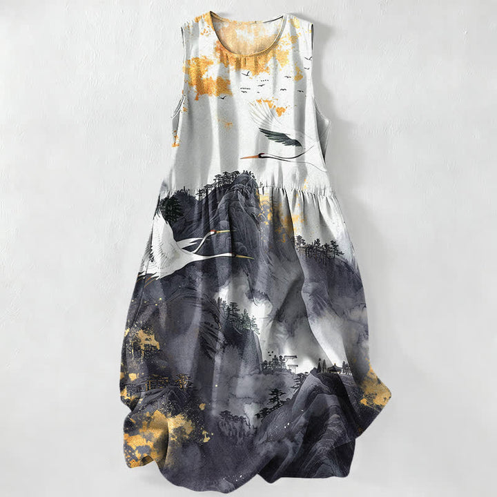Buddha Stones Summer Casual Ink Landscape Cranes Pattern Women's Summer Sleeveless Midi Dress With Pockets - Black - US16，UK/AU20，EU48 (3XL) - image 8