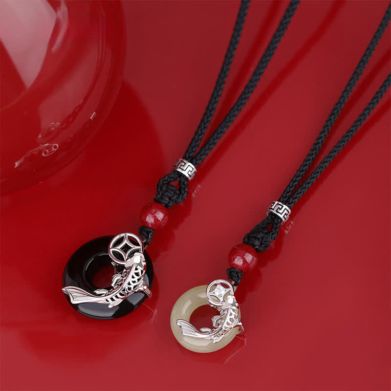 Buddha Stones Jade Koi Fish Success Braided Circular Chinese Style Necklace - image 0