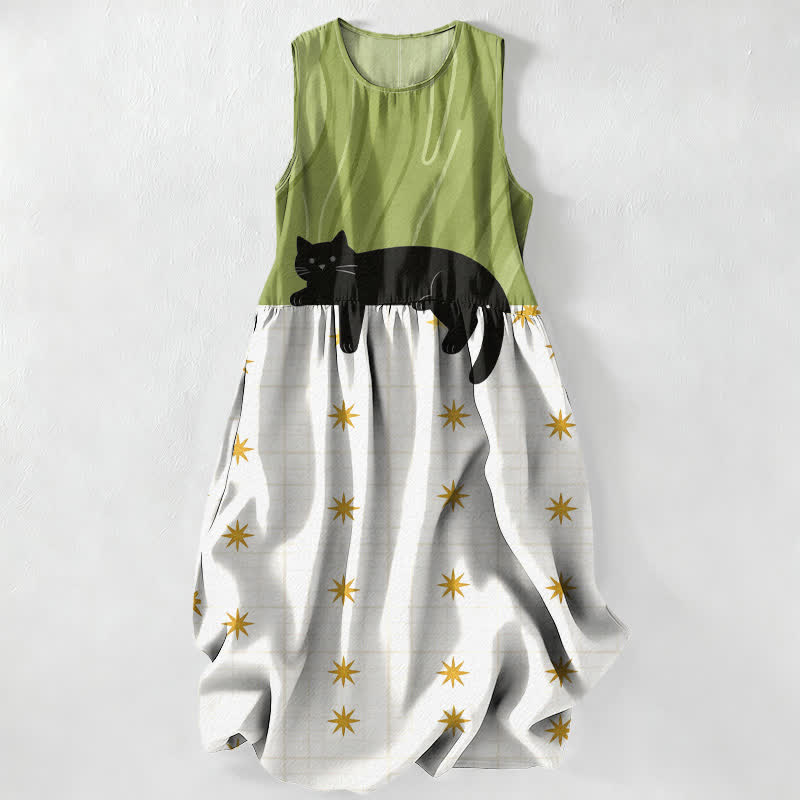 Buddha Stones Summer Casual Black Cat Stars Pattern Women's Summer Sleeveless Midi Dress With Pockets - YellowGreen - US16，UK/AU20，EU48 (3XL) - image 0