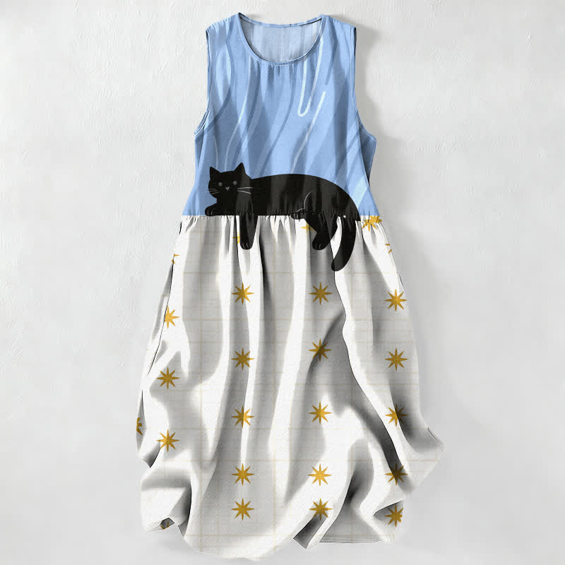 Buddha Stones Summer Casual Black Cat Stars Pattern Women's Summer Sleeveless Midi Dress With Pockets - LightSkyBlue - US16，UK/AU20，EU48 (3XL) - image 4