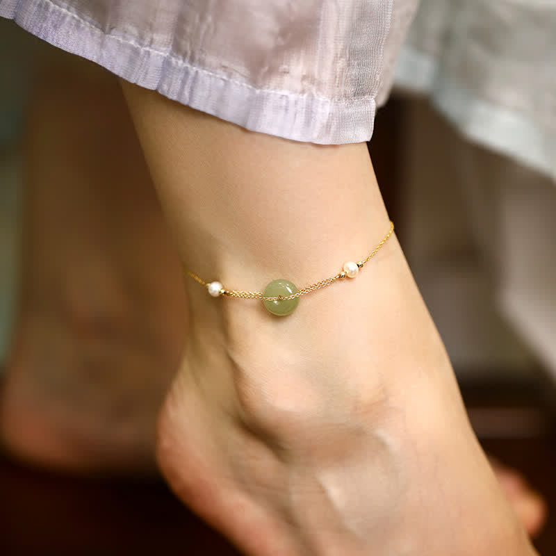 Buddha Stones Hetian Jade Peace Buckle Pearl Safety Chain Anklet - Peace Buckle(Peace ♥ Safety) - image 0