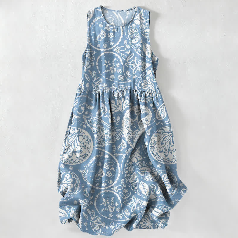 Buddha Stones Summer Casual White Medallion Floral Pattern Women's Summer Sleeveless Midi Dress With Pockets - PowderBlue - US16，UK/AU20，EU48 (3XL) - image 4