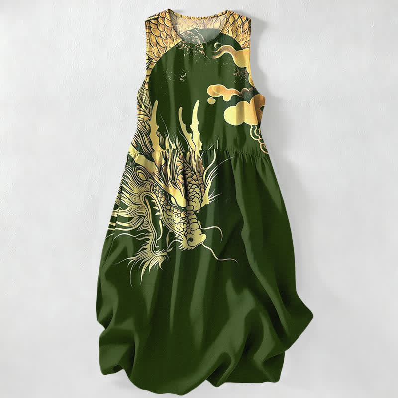 Buddha Stones Summer Casual Golden Dragon Cloud Pattern Women's Summer Sleeveless Midi Dress With Pockets - DarkOliveGreen - US16，UK/AU20，EU48 (3XL) - image 8