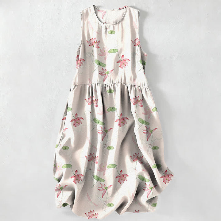 Buddha Stones Summer Casual Lotus Leaves Pattern Women's Summer Sleeveless Midi Dress With Pockets - Ivory - US16，UK/AU20，EU48 (3XL) - image 0