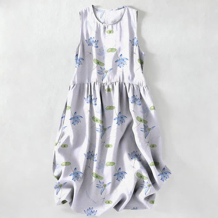 Buddha Stones Summer Casual Lotus Leaves Pattern Women's Summer Sleeveless Midi Dress With Pockets - Lavender - US16，UK/AU20，EU48 (3XL) - image 4