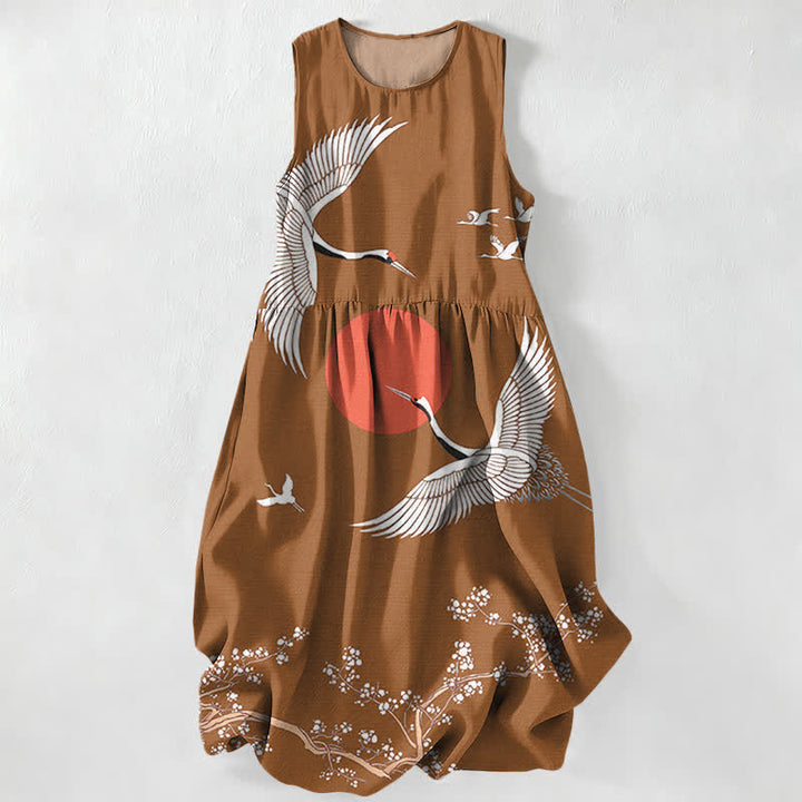 Buddha Stones Summer Casual Crane Red Sun Pattern Women's Summer Sleeveless Midi Dress With Pockets - Sienna - US16，UK/AU20，EU48 (3XL) - image 4