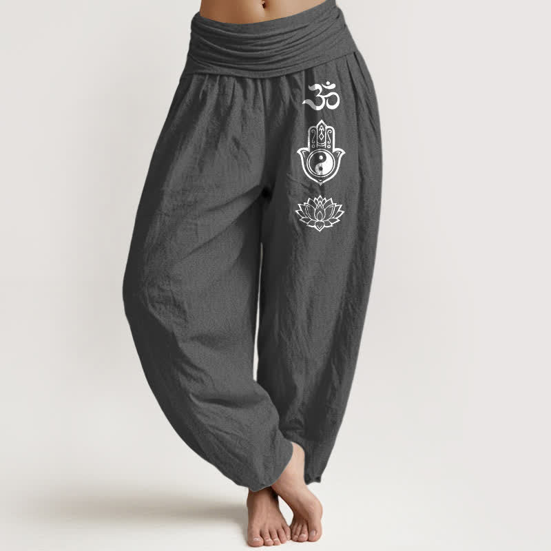 Buddha Stones Pure Cotton Om Hamsa Yin Yang Lotus Pattern Women's Elastic Waist Harem Pants - DimGray - US16，UK/AU20，EU48 (3XL) - image 11