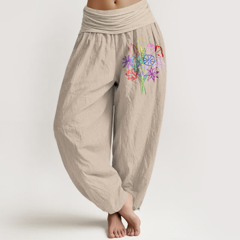 Buddha Stones Pure Cotton Floral Bouquet Pattern Women's Elastic Waist Harem Pants - Tan - US16，UK/AU20，EU48 (3XL) - image 14