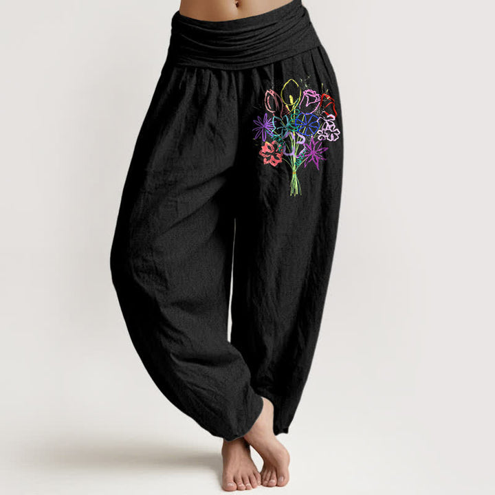 Buddha Stones Pure Cotton Floral Bouquet Pattern Women's Elastic Waist Harem Pants - Black - US16，UK/AU20，EU48 (3XL) - image 0