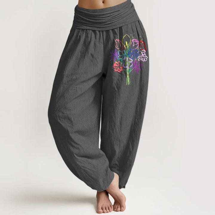Buddha Stones Pure Cotton Floral Bouquet Pattern Women's Elastic Waist Harem Pants - DimGray - US16，UK/AU20，EU48 (3XL) - image 8
