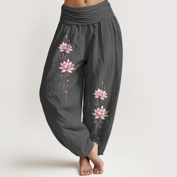 Buddha Stones Pure Cotton Lotus Blossom Pattern Women's Elastic Waist Harem Pants - DimGray - US16，UK/AU20，EU48 (3XL) - image 8