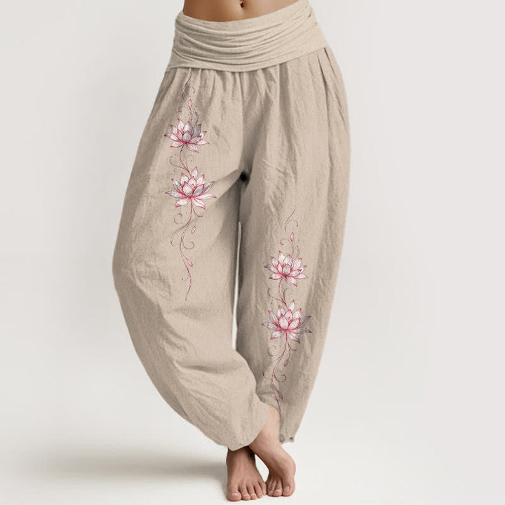 Buddha Stones Pure Cotton Lotus Blossom Pattern Women's Elastic Waist Harem Pants - Tan - US16，UK/AU20，EU48 (3XL) - image 14